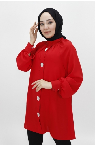 Jessica Tunique Hijab Détaillée Avec Boutons Miroir En Tissu 2420-05 Rouge 2420-05