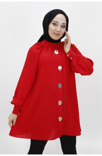 Jessica Fabric Mirror Button Detaillierte Hijab-Tunika 2420-05 Rot 2420-05