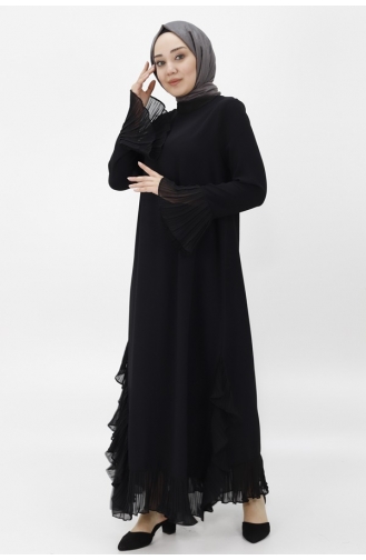 Robe De Soirée Hijab Détaillée à Volants En Tissu Crêpe 4415-01 Noir 4415-01