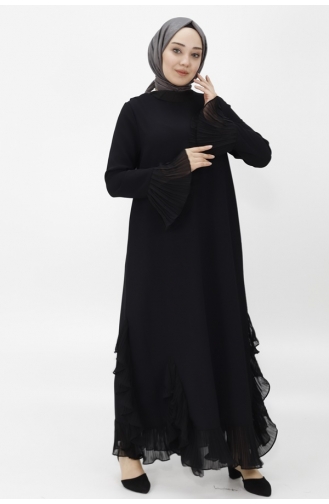 فستان سهرة بتصميم حجاب وتفاصيل كشكش من قماش الكريب 4415-01 لون أسود 4415-01
