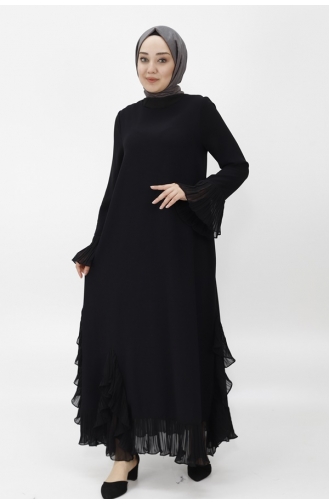 Robe De Soirée Hijab Détaillée à Volants En Tissu Crêpe 4415-01 Noir 4415-01