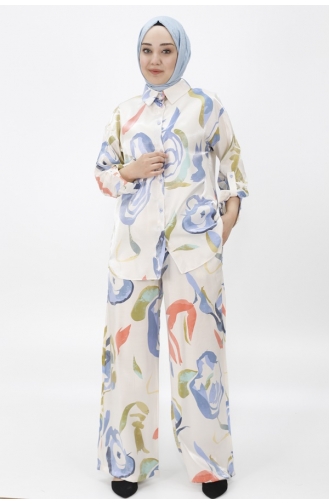 Zweiteiliger Anzug Aus Baumwollsatin Mit Blumenmuster 24183-02 Indigo 24183-02