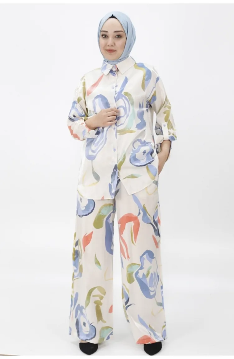 Cotton Satin Fabric Floral Patterned Two-piece Suit 24183-02 Indigo 24183-02