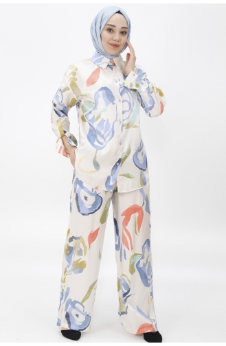 Zweiteiliger Anzug Aus Baumwollsatin Mit Blumenmuster 24183-02 Indigo 24183-02