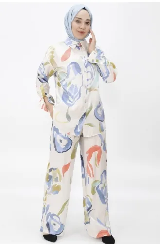 Cotton Satin Fabric Floral Patterned Two-piece Suit 24183-02 Indigo 24183-02