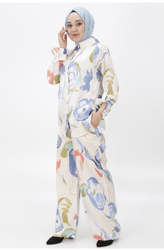 Zweiteiliger Anzug Aus Baumwollsatin Mit Blumenmuster 24183-02 Indigo 24183-02