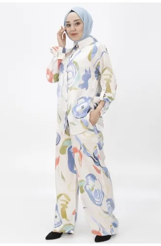 Cotton Satin Fabric Floral Patterned Two-piece Suit 24183-02 Indigo 24183-02