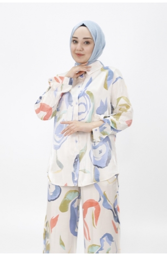 Zweiteiliger Anzug Aus Baumwollsatin Mit Blumenmuster 24183-02 Indigo 24183-02