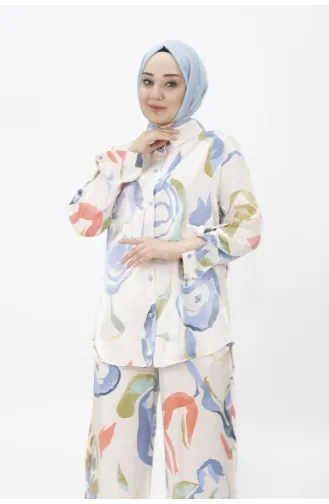 Cotton Satin Fabric Floral Patterned Two-piece Suit 24183-02 Indigo 24183-02