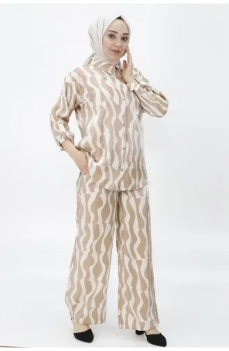 Cotton Satin Fabric Patterned Two-piece Suit 24182-01 Beige 24182-01