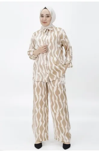 Cotton Satin Fabric Patterned Two-piece Suit 24182-01 Beige 24182-01