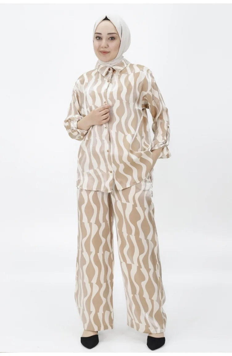 Cotton Satin Fabric Patterned Two-piece Suit 24182-01 Beige 24182-01