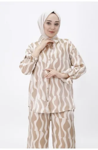 Cotton Satin Fabric Patterned Two-piece Suit 24182-01 Beige 24182-01