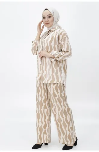 Cotton Satin Fabric Patterned Two-piece Suit 24182-01 Beige 24182-01