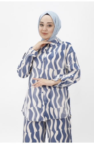 Pamuklu Saten Kumaş Desenli İkili Takim 24182-03 İndigo