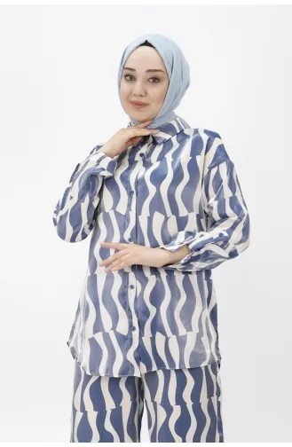Cotton Satin Fabric Patterned Double Suit 24182-03 Indigo 24182-03