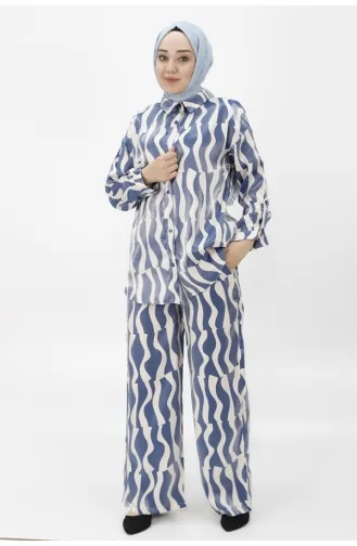 Cotton Satin Fabric Patterned Double Suit 24182-03 Indigo 24182-03