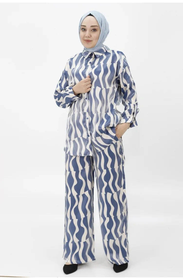 Cotton Satin Fabric Patterned Double Suit 24182-03 Indigo 24182-03