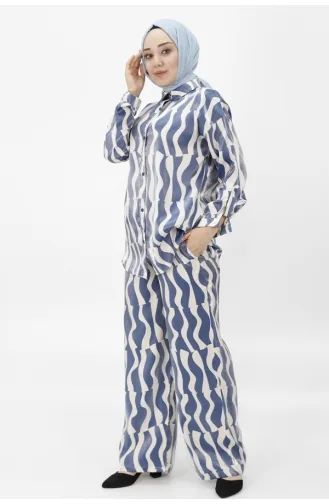 Cotton Satin Fabric Patterned Double Suit 24182-03 Indigo 24182-03