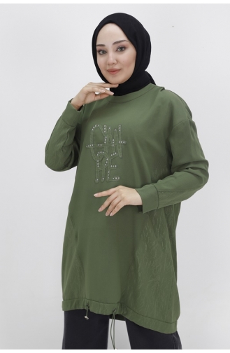 نوكتاي تونيك للحجاب بتصميم جاكار وتفاصيل مطاطية عند الخصر 10442-01 لون كاكي 10442-01