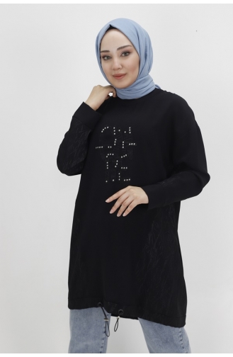 Noktae Aerobin Fabric Jacquard Patterned Hijab Tunic With Elastic Waist 10442-02 Black 10442-02