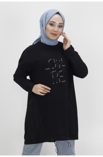 Noktae Aerobin Stoff Jacquard Gemusterte Hijab-Tunika Mit Elastischem Bund 10442-02 Schwarz 10442-02