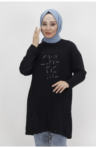 Noktae Aerobin Fabric Jacquard Patterned Hijab Tunic With Elastic Waist 10442-02 Black 10442-02