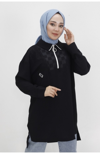 Noktae Aerobin-stof Jacquard En Ritssluiting Gedetailleerde Hijab-tuniek 10441-02 Zwart 10441-02