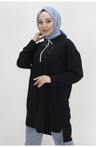 Noktae Aerobin Stoff Jacquard Und Reißverschluss Detaillierte Hijab-Tunika 10441-02 Schwarz 10441-02