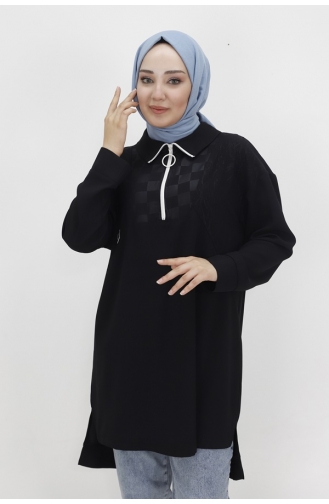 Noktae Aerobin Stoff Jacquard Und Reißverschluss Detaillierte Hijab-Tunika 10441-02 Schwarz 10441-02