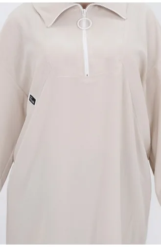 Noktae Aerobin Fabric Jacquard And Zipper Detailed Hijab Tunic 10441-03 Stone 10441-03
