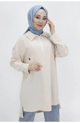 Noktae Aerobin Fabric Jacquard And Zipper Detailed Hijab Tunic 10441-03 Stone 10441-03