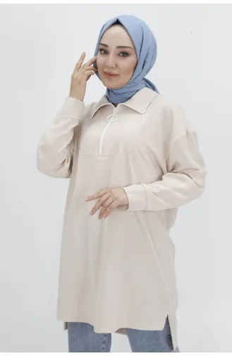 Noktae Aerobin Fabric Jacquard And Zipper Detailed Hijab Tunic 10441-03 Stone 10441-03