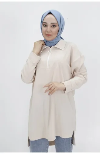 Noktae Aerobin Fabric Jacquard And Zipper Detailed Hijab Tunic 10441-03 Stone 10441-03