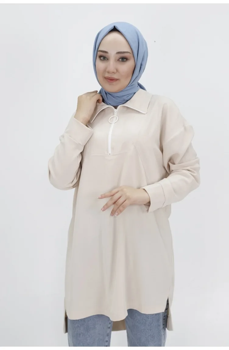 Noktae Aerobin Fabric Jacquard And Zipper Detailed Hijab Tunic 10441-03 Stone 10441-03