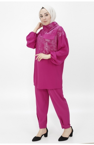 Noktae Aerobin Fabric Collar Zipper Detailed Double Suit 14207-02 Fuchsia 14207-02