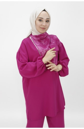 Noktae Aerobin Fabric Collar Zipper Detailed Double Suit 14207-02 Fuchsia 14207-02