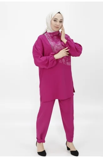 Noktae Aerobin Fabric Collar Zipper Detailed Double Suit 14207-02 Fuchsia 14207-02