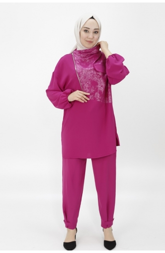 Noktae Aerobin Fabric Collar Zipper Detailed Double Suit 14207-02 Fuchsia 14207-02