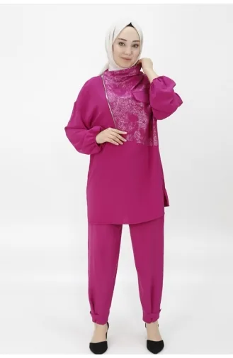 Noktae Aerobin Fabric Collar Zipper Detailed Double Suit 14207-02 Fuchsia 14207-02