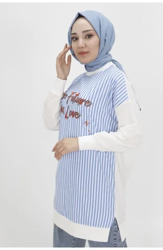 Puane İki İplik Kumaş Yazi Baskili Ve Çizgili Sweatshirt 10476-01 Ekru