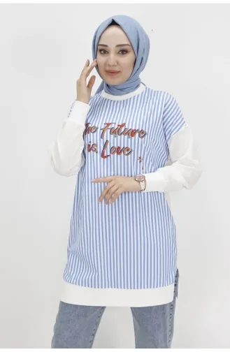 Puane İki İplik Kumaş Yazi Baskili Ve Çizgili Sweatshirt 10476-01 Ekru