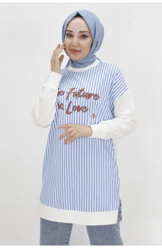 Puane İki İplik Kumaş Yazi Baskili Ve Çizgili Sweatshirt 10476-01 Ekru