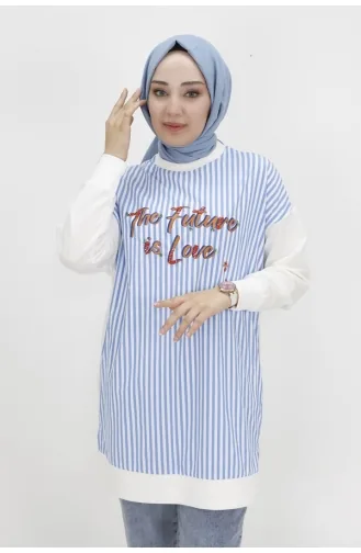 Puane İki İplik Kumaş Yazi Baskili Ve Çizgili Sweatshirt 10476-01 Ekru