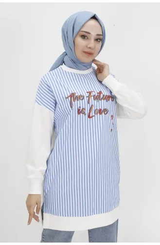 Puane İki İplik Kumaş Yazi Baskili Ve Çizgili Sweatshirt 10476-01 Ekru