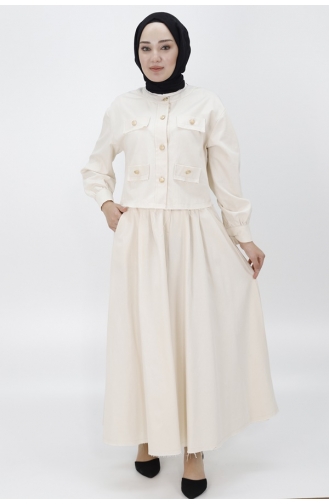 Pointe Linen Fabric Double Suit With Pocket And Button Detailed Skirt 14222-02 Stone 14222-02