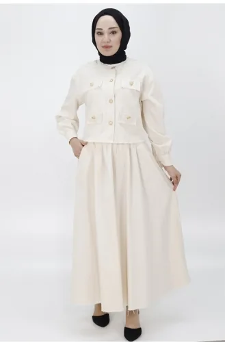 Pointe Linen Fabric Double Suit With Pocket And Button Detailed Skirt 14222-02 Stone 14222-02