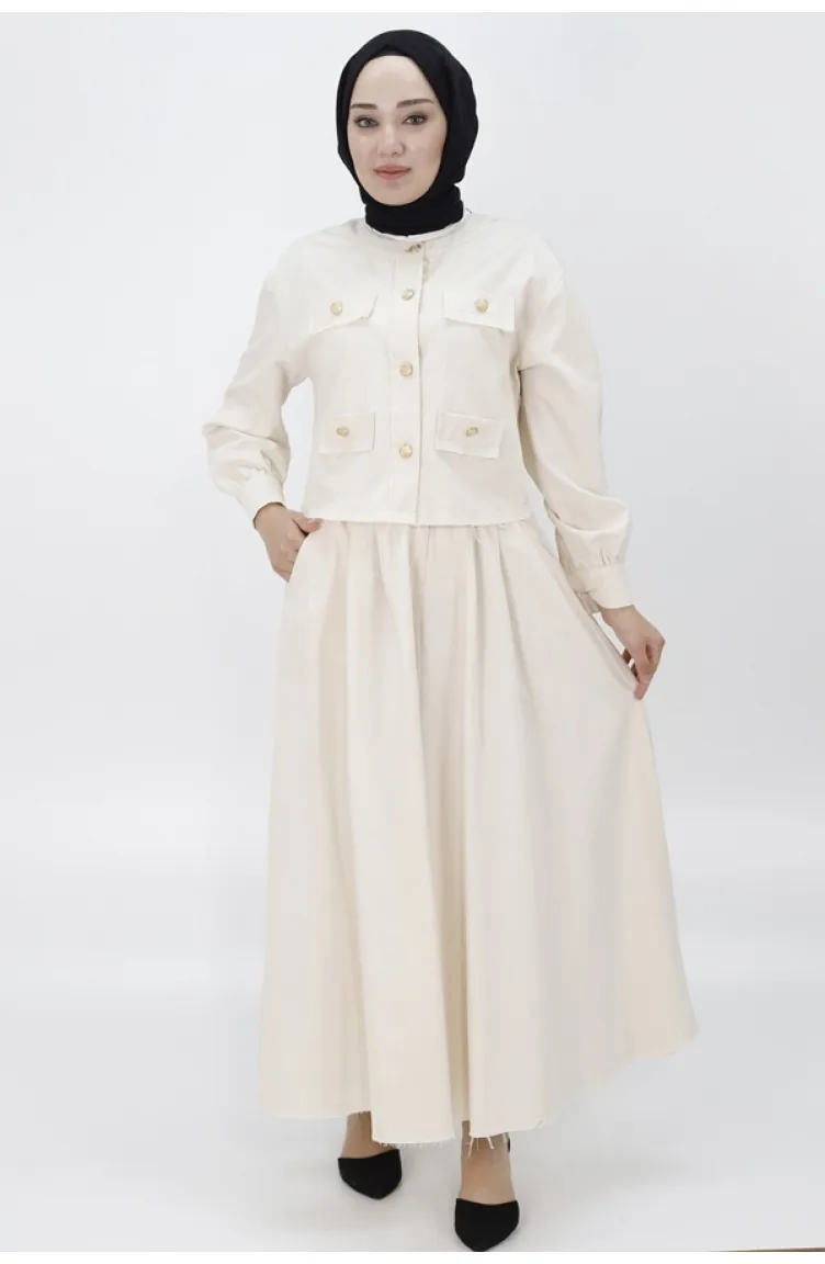 Pointe Linen Fabric Double Suit With Pocket And Button Detailed Skirt 14222-02 Stone 14222-02