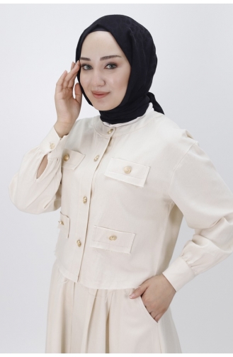 Pointe Linen Fabric Double Suit With Pocket And Button Detailed Skirt 14222-02 Stone 14222-02