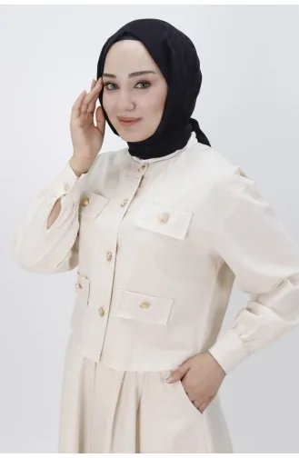 Pointe Linen Fabric Double Suit With Pocket And Button Detailed Skirt 14222-02 Stone 14222-02